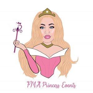 Puede incluir: Una ilustraci&oacute;n de dibujos animados de una princesa con el pelo largo y rubio que lleva un vestido rosa y una corona dorada. Est&aacute; sosteniendo una varita rosa y morada con una parte superior en forma de coraz&oacute;n. El texto "FMA Princess Events" est&aacute; debajo de la imagen.