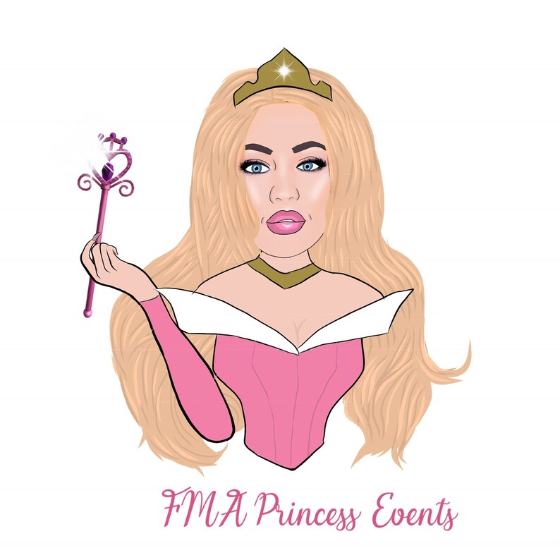 Puede incluir: Una ilustraci&oacute;n de dibujos animados de una princesa con el pelo largo y rubio que lleva un vestido rosa y una corona dorada. Est&aacute; sosteniendo una varita rosa y morada con una parte superior en forma de coraz&oacute;n. El texto "FMA Princess Events" est&aacute; debajo de la imagen.
