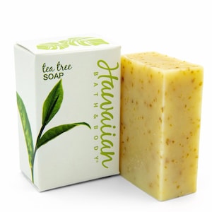 Op de afbeelding: Een witte doos met groene bladeren en de tekst "tea tree SOAP" en "Hawaiian Bath & Body" erop. Naast de doos ligt een lichtgele zeep.