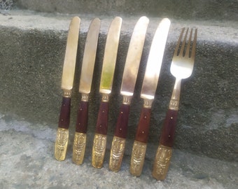Vintage Set of 5pcs Butter Knives / Thai Butter Knives / Bronze Knives / Rosewood Asian Knives / Decorated Butter Knives / Old Bronze Knives