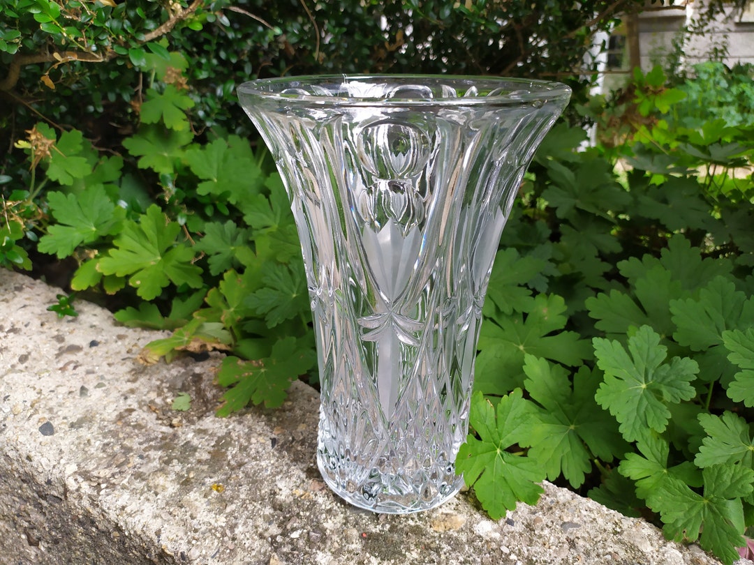 Large Glass Vase, Vintage Glass Vase From 1980, Embossed Vase