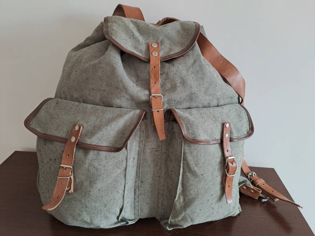 Vintage Extra Large Military Backpack Genuine Leather Straps Leather