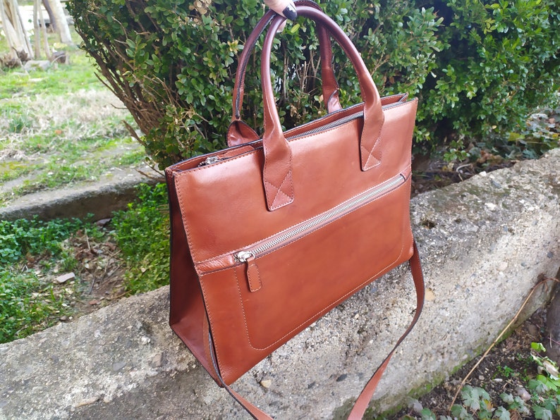 Vintage Large Women's Shoulder Bag, Genuine Leather Women's Bag, Brown Women's Bag, Long Handle Bag, Office Bag image 3