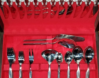 Rare Vintage MCM 74 Piece Service For 12 Chromolite & J.A. Henckels Solingen Germany Stainless Steel 18-8 Flatware With Chest/Box Excellent