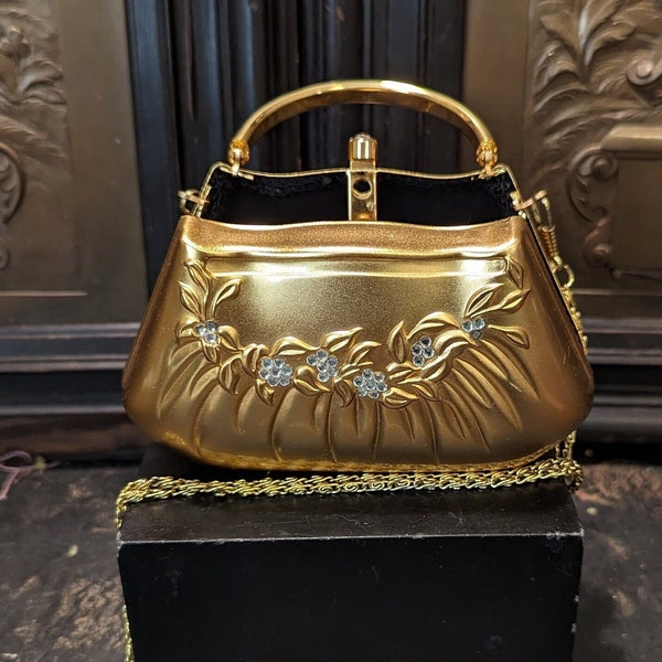 Vintage, Elegant, Hardshell, Purse, Evening Bag, Gold Alloy, Faux Rhinestone, Chain Strap,  4 3/4" Tall With Handle, 2" Deep, 5 1/2" Long