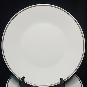 8 Vintage Olympia by ROSENTHAL-CONTINENTL Linear Line Dinner Plates Width 10 3/8&quot; Germany Linear, Black & Platinum Bands Near Edge