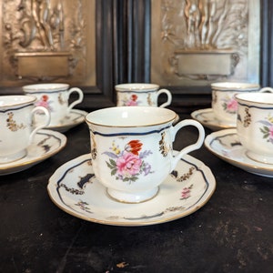 6 Vintage, Lorraine, By Mikassa, Sevres Style, Tea Cups And Saucers, Blue Bands, And Accents, Gold Leaves, Floral,