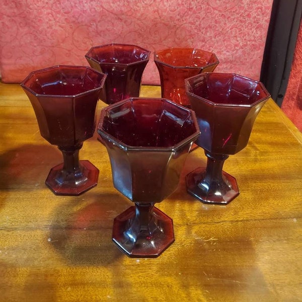 5 Vintage, Octagonal Ruby, By Independence, Ruby Red, 4 1/2" Tall, 3" Wide, Juice, Wine Glasses, USA, 1960's