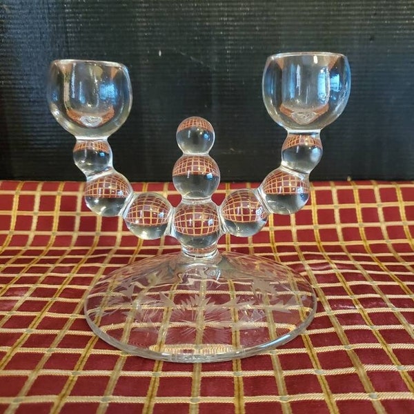 A Pair Of 1942 9 Ball Alexander By Paden City Double Light Candlestick Holders 5 1/8" Pressed Pattern Glass USA With Floral Etchings On Base