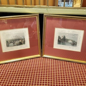 2 Vintage Tombleson Prints, Thames River Views, East Farleigh, Kent And Bisham Abbey, Berks-Matted And Framed, Hand Colored, Engraved Border