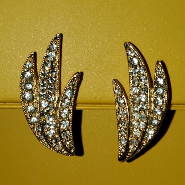 Vintage 1960's Goldette Screw Back Clip-on Earrings Gold-Tone Rhinestones  -Flashy Hollywood Art Deco Style-