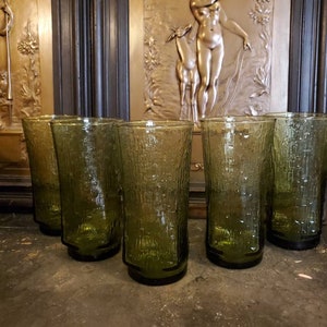 4 Vintage, Pagoda Avocado, By Anchor Hocking, Green, Tall Glasses, Tumblers, Square, Textured,  Bark Design, 6 3/4&quot; Tall, 3 3/8&quot; Wide