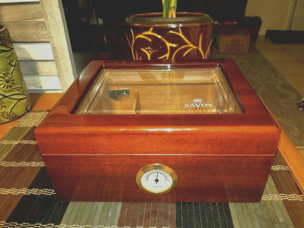 Vintage, Savoy, Mahogany Veneer, Glass Top, Cedar Interior