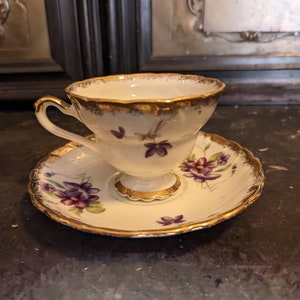 Vintage, Trimont Ware, Cottage Violets, Teacup and Saucer, Scallopped, Footed Tea Cup, Gold Gilt Trim, 5 1/2&quot; Diameter Saucer