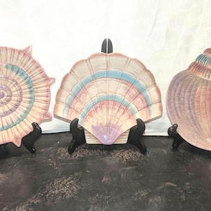 3 Vintage, Fitz and Floyd, Omnibus, Sea Shells, Appetizer, Decorative, Serving Plates, 8&quot; Diameter, Glossy Pastel Colored Seashells