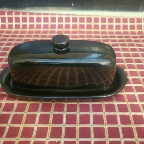 Vintage, Retro, Ceramic, Covered Butter, Glossy, Black, Smooth, 7 1/2" Long, 3 1/4" Tall