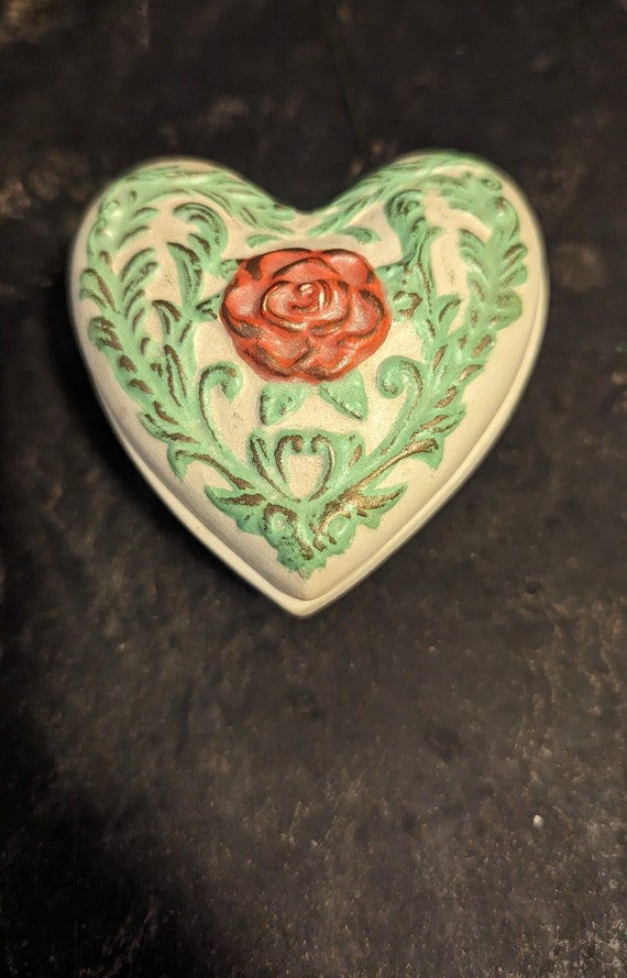 Vintage, Heart Shaped, Footed, Trinket Dish, Rose… - image 1