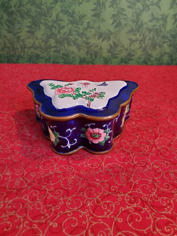 Vintage Enameled Cloisonne Style Cobalt Blue Flor… - image 2