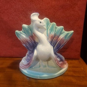 Vintage, Ceramic, Peacock Planter, Cashepot, Purples, Pink, Green, Glazed, 7 1/2&quot; Tall, 7&quot; Wide