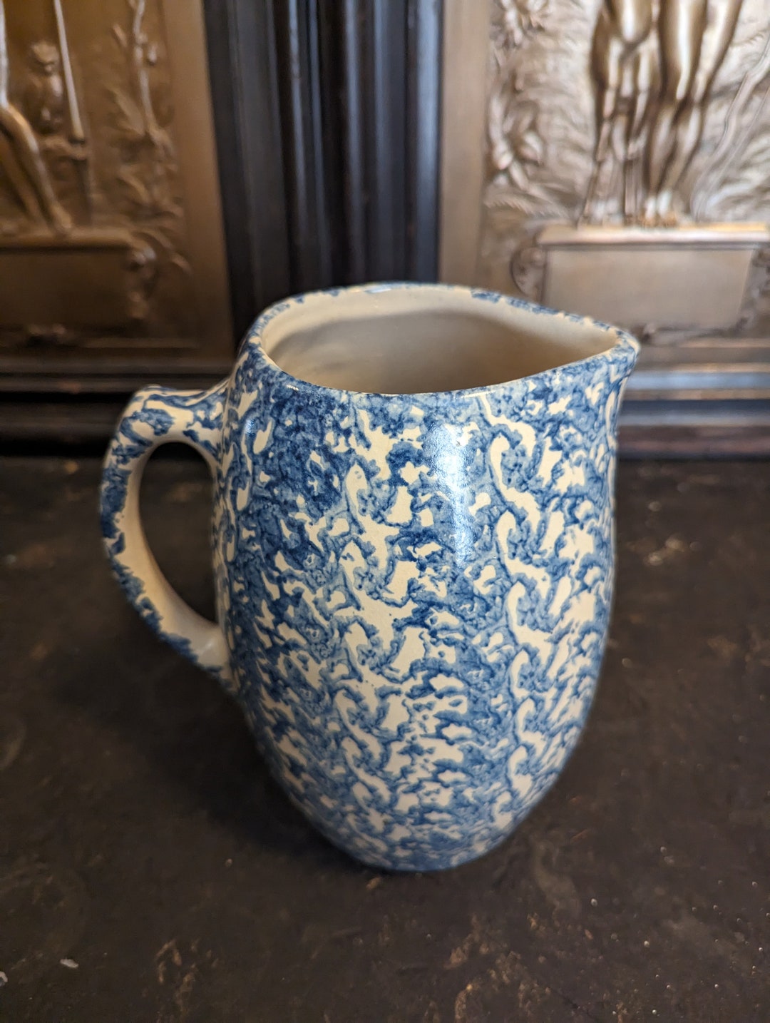 Vintage, 1 Qt, Blue Spongeware, Pottery, Robinson Ransbottom, Pitcher