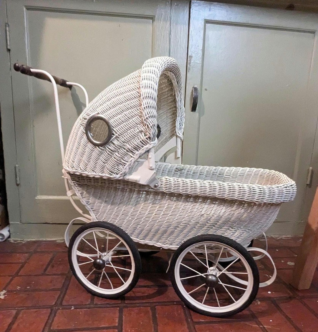Vintage, Early 1900s, White Wicker, Baby Doll Stroller, Tram