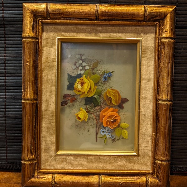 Vintage, Faux Bamboo, Gold Over Wood Framed, Shadow Box, Hand Painted, Flower Bouquet, Layered 3D Optic, Artist Signed, J Budner,