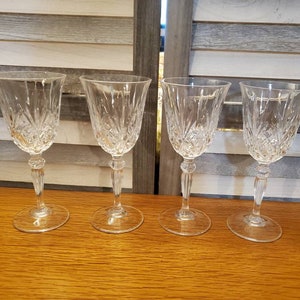 4 Vintage, Crystal, Overture, By Royal Crystal Rock, Water Goblets, Cut, Fans, Crisscross, Ribbed Stem, Knob, 7 7/8&quot;, 3 1/2&quot; Wide