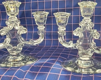 Vintage Pair 1937 Fostoria 2482 Trindle Candlesticks- Excellent