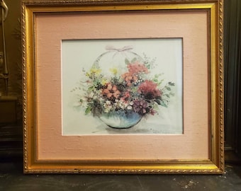 Vintage, Print, Titled, "Crystal Basket", Water Color Print, By Bertrand, Framed And Matted, Signed And Numbered,14"x16",