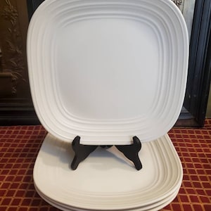4 Vintage, Swirl, Square White, By Mikassa, Stoneware, Dinner Plates, 10 3/4&quot;, Rim, Embossed Rings, Microwave And Dishwasher Safe