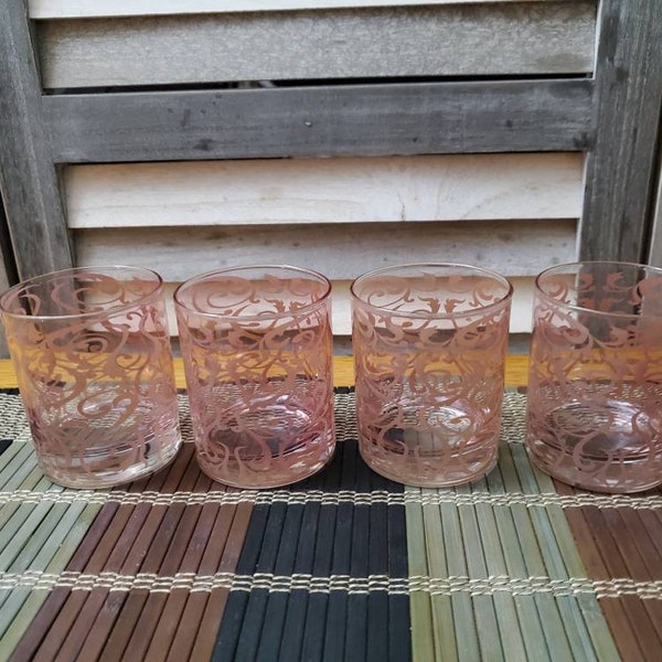 4 Vintage, Old Fashion, Tumblers, Rocks Glasses, Cocktail, Scroll Design, Pattern,