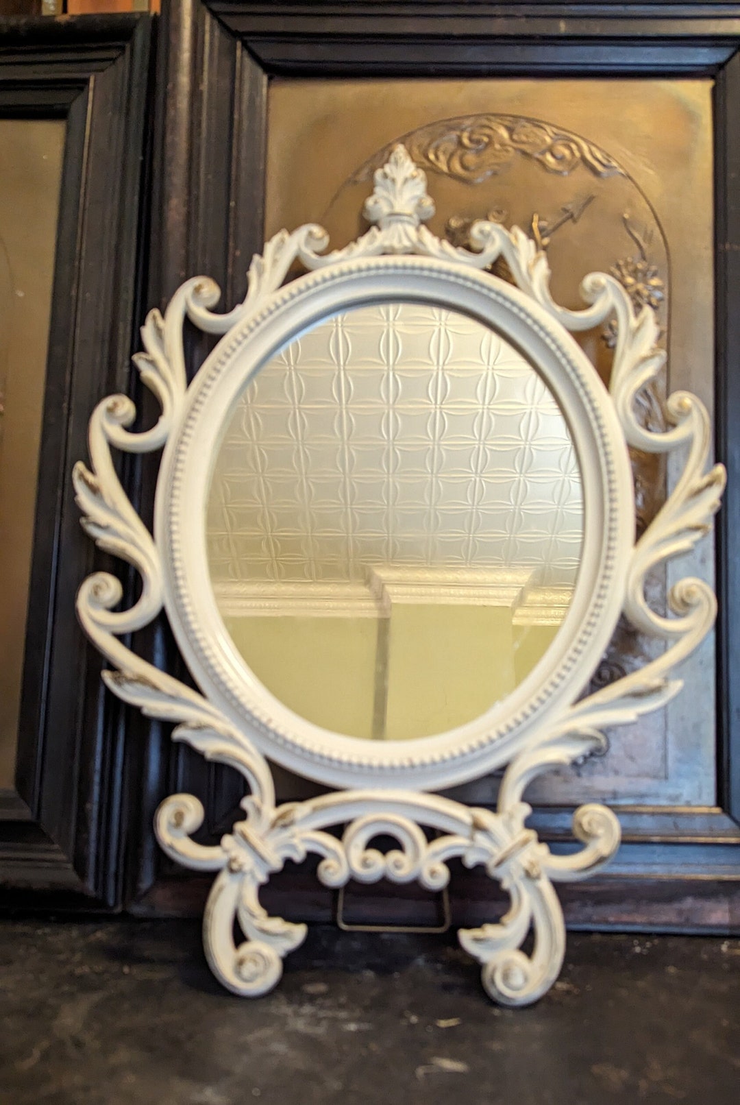 Vintage, Oval Vanity Mirror, White, French Provincial, Composite, Self ...