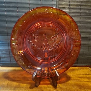 Vintage, L.E Smith, USA, Red Glass, Cigar, Cigarette, Ashtray, Heritage, American Eagle, Stars, Patriotic, 9 1/4" Diameter, 1" Tall