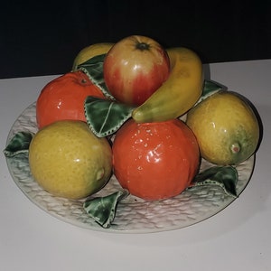 Vintage 1950's Majolica Ceramic Faux Fruit Centerpiece on Basket Weave Platter Made In Portugal by F. Subtil
