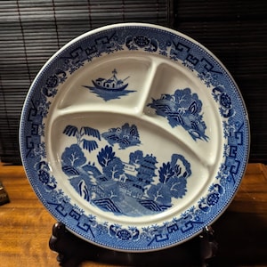 Vintage, Transferware, Blue Willow, Divided, 3 Section, Grill Plate, Japan, 1950s, 10 1/4&quot; Diameter