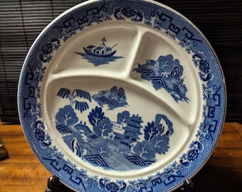Antique Blue Willow Divided Plate Set: Moriyama Japan Transferware