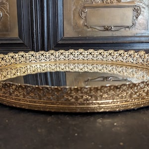 Vintage, Mid Century, Hollywood Regency, Gold Filigree, Oval Mirror, Vanity, Makeup Tray, Approximately 14&quot; Long, 10 1/2&quot; Wide,