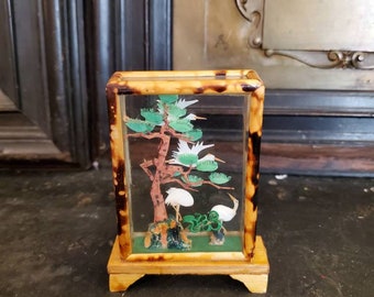 Vintage, Diorama, Art Collectible, Jade, Bamboo, Hancrafted, Cranes And Tree, 2 7/8" Wide, 1" Deep, 3 3/4" Tall,