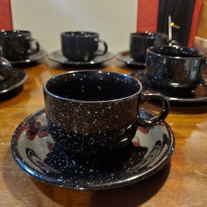 4 Vintage, Stoneware, Japan, Tea Cups, And Saucers, Black, Gray Speckled, Cups Are 2 1/4&quot; Tall, 4 7/8&quot; Wide With Handle, Saucers 6 1/4&quot; W