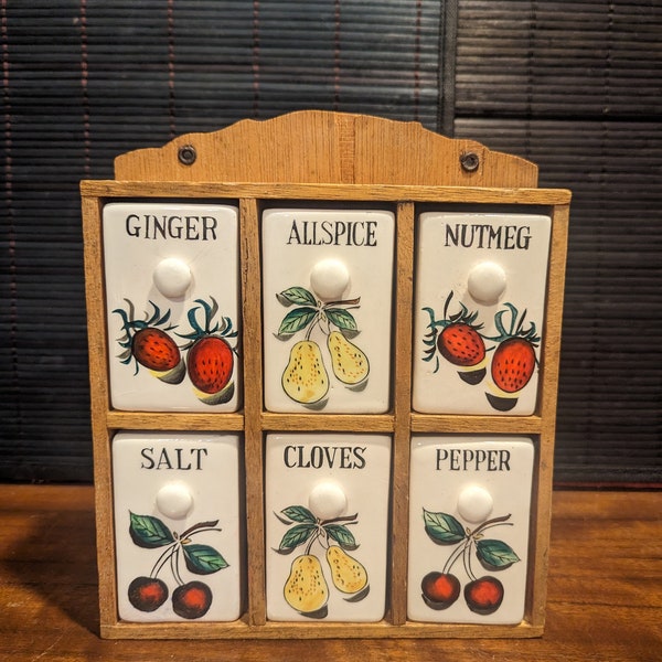 Vintage, Japan, Ceramic, Six Spice Shakers, With Wooden, Wall Hanging, Display Shelf, Salt, Pepper, Ginger, Nutmeg, Allspice, Cloves