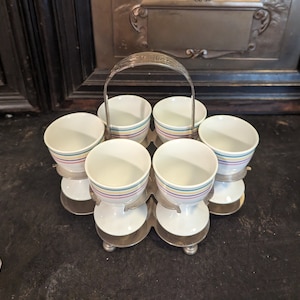 Vintage, Japan, Chantilly, 6, Egg Cups, Ceramic, Goblets, With, Ornate, Silver, Carrier, Holding Stand, Footed, Total Height, 6&quot; Tall,