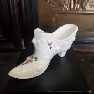Vintage, Fenton, Art Glass, Milk Glass Rose Shoe Slipper Boot Hand Painted