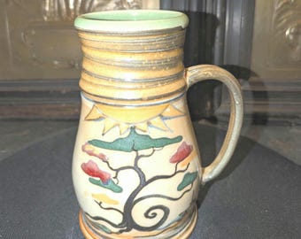 Vintage, Mary Henderson, Signed, Studio Art Pottery, Tankard, Stein, Summer Tree Pattern, 7" Tall, 3" Diameter, 5" With Handle