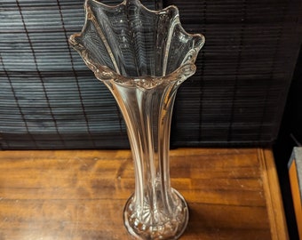 Vintage, Depression Era, Swung Art Glass, Stretch Vase, Ribbed, Fluted, Ruffled Flare Opening, 14 1/4" Tall X  4" Base