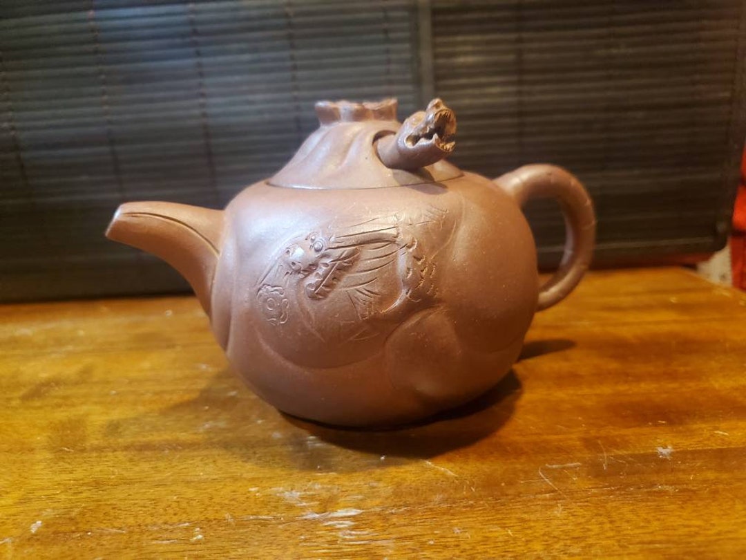 Vintage, Chinese, Brown, Yixing Clay, Teapot, Movable Dragon Head