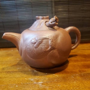 Vintage, Chinese, Brown, Yixing Clay, Teapot, Movable Dragon Head, Hallmark On Lid, The dragon Head comes out of the lid and moves