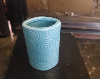 Vintage, Ceramic, Geometric, Oval, Cylinder, Bud Vase, Glazed, Teal, Blue, Circle Pattern, 3 1/8" Tall, 1 7/8" Wide