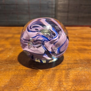 Vintage, Clear, Purple, Swirl, Art Glass, Spherical, Orb, Paperweight, 2 1/4&#39; Tall, 3 1/4&quot; Wide