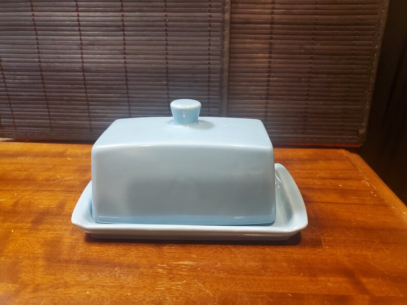 Vintage, Ceramic, Covered Butter, Dish, Aqua Glaze, 7 1/2 Long, 4 3/8 Wide, 4 Tall afbeelding 1
