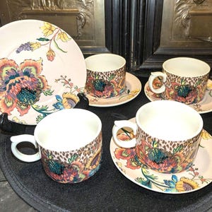 4 Vintage, Anthropology, House Of Hackney, Ceramic Tea/Coffee Cups and Saucers, Cheetah, And Floral Print, Vibrant Colors,